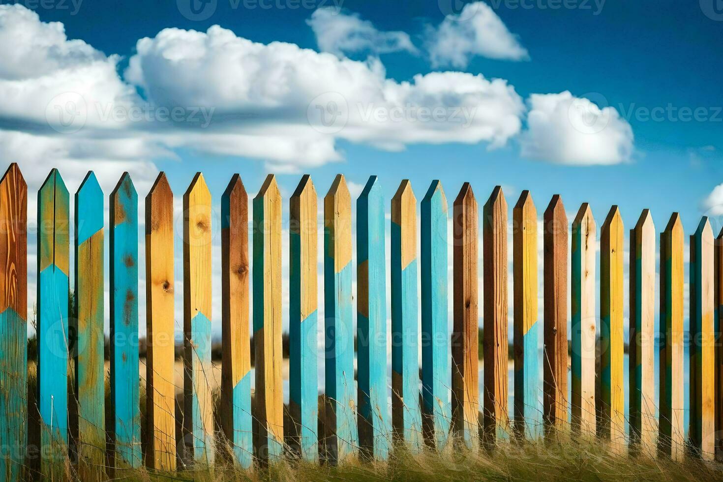 a colorful fence with blue sky and clouds. AI-Generated photo