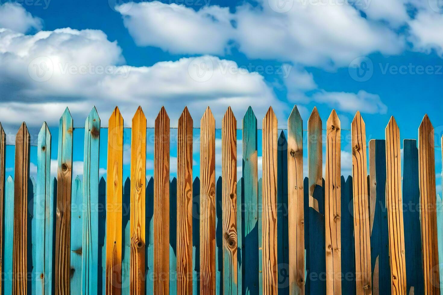 a wooden fence with blue sky and clouds in the background. AI-Generated photo