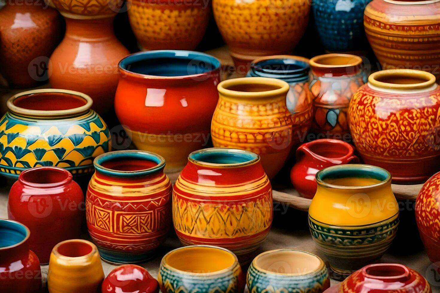 many colorful pottery vases are displayed on a table. AI-Generated photo