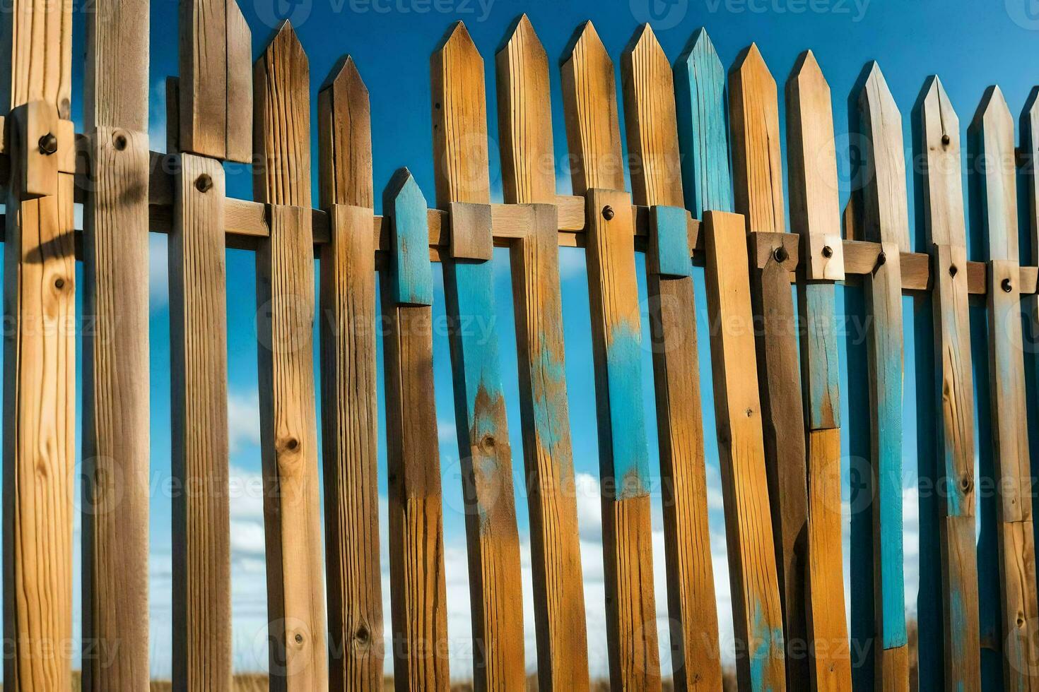 a wooden fence with blue sky in the background. AI-Generated photo