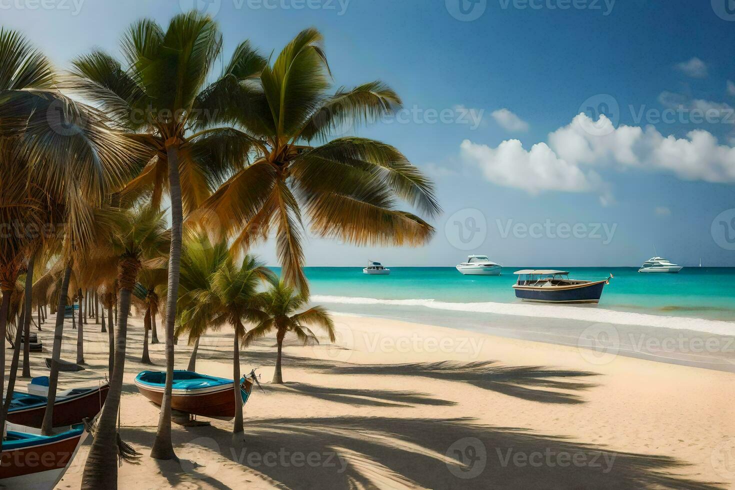 un arenoso playa con palma arboles y barcos generado por ai foto