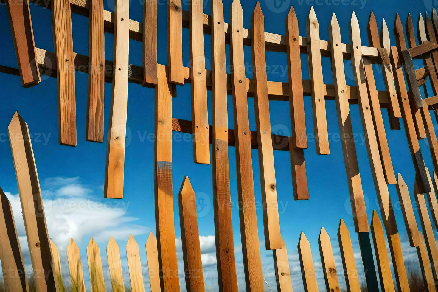 a fence made of wooden sticks with blue sky in the background. AI-Generated photo