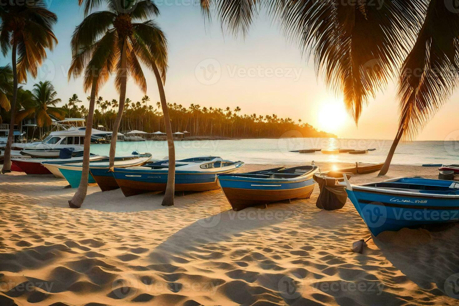 barcos en el playa a puesta de sol. generado por ai foto