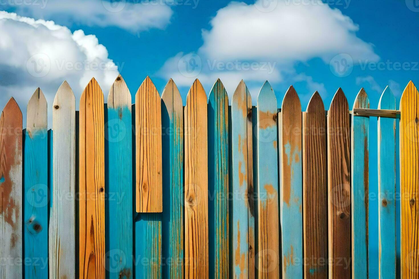 a wooden fence with blue sky and clouds in the background. AI-Generated photo