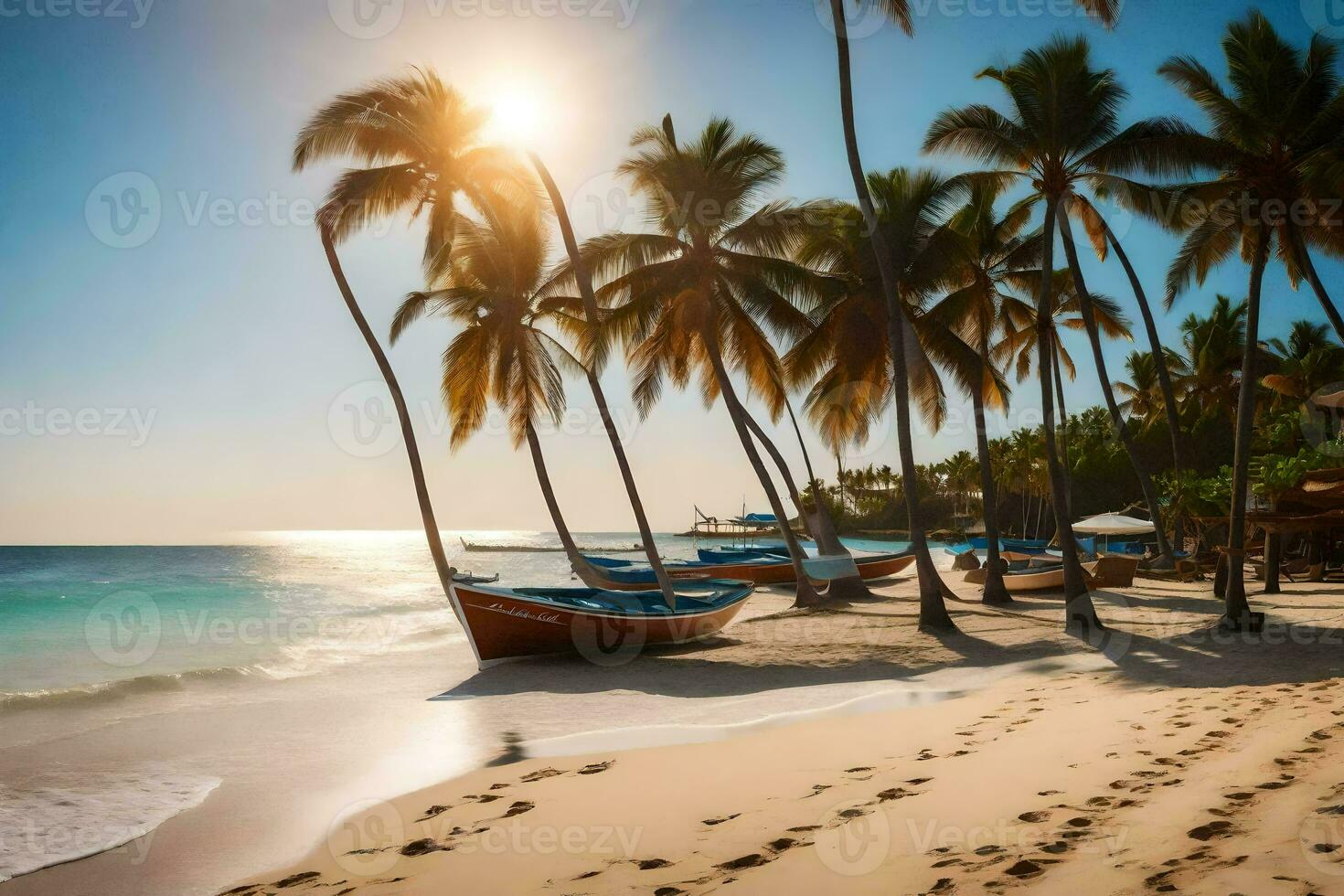 a beach with palm trees and boats on the shore. AI-Generated photo