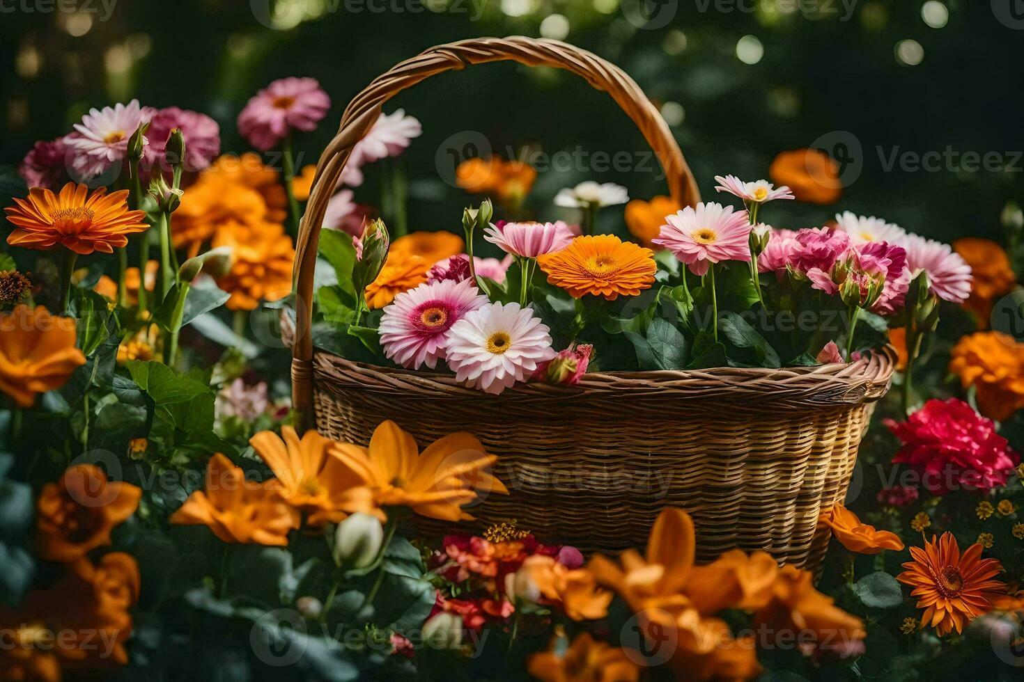 un cesta lleno de flores es sentado en el medio de un campo. generado por ai foto