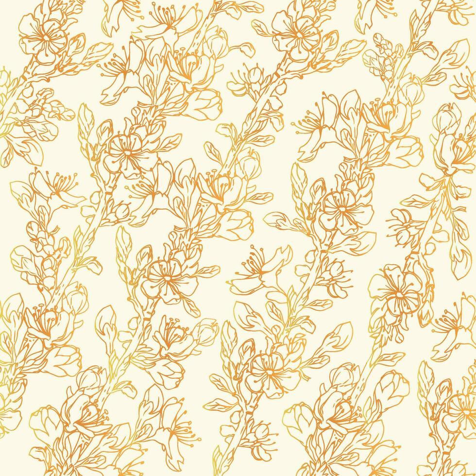 sin costura Cereza rama modelo. floral dorado interminable antecedentes para textil, fondo de pantalla, tela, envase. brillante amarillo floral fondo. vector