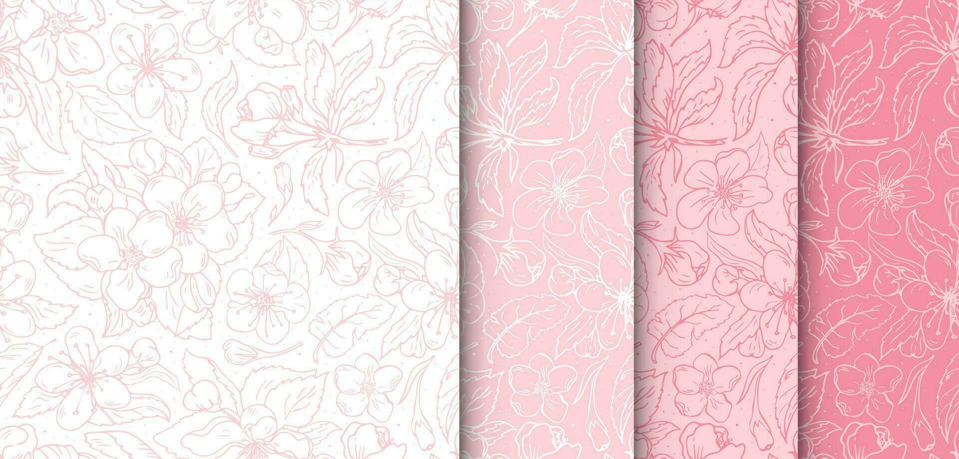 Set of seamless floral patterns with pink flowers. Hand drawn cherry flowers print for design, textile, fabric, wrapping. vector