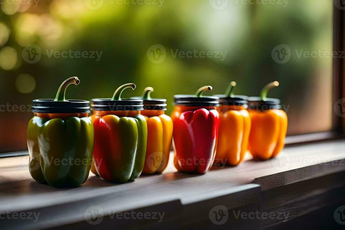 a row of peppers in mason jars. AIGenerated 30888769 Stock Photo at