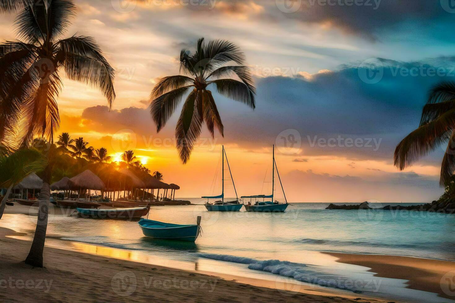 un hermosa playa con palma arboles y barcos a puesta de sol. generado por ai foto