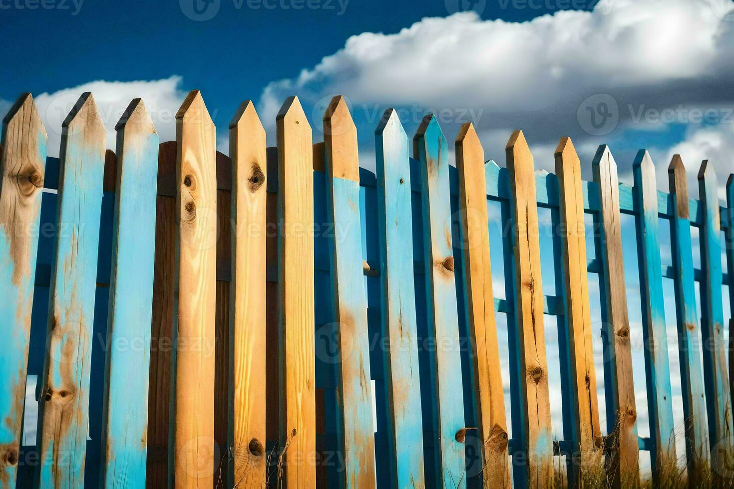 a wooden fence with blue and yellow paint. AI-Generated photo