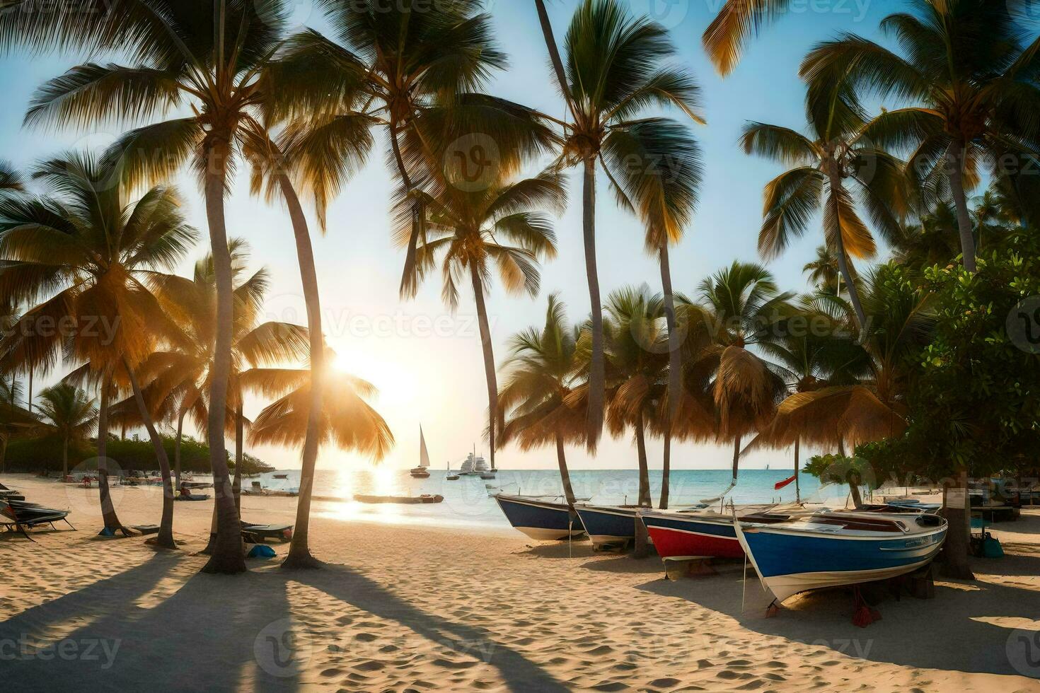palma arboles línea el playa a puesta de sol con barcos generado por ai foto
