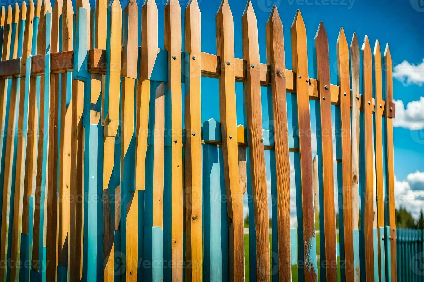 a fence made of wooden poles with blue sky in the background. AI-Generated photo
