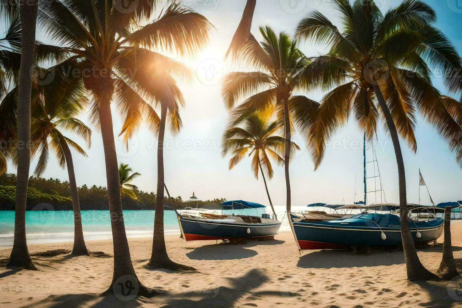 Tres barcos sentar en el playa cerca palma arboles generado por ai foto