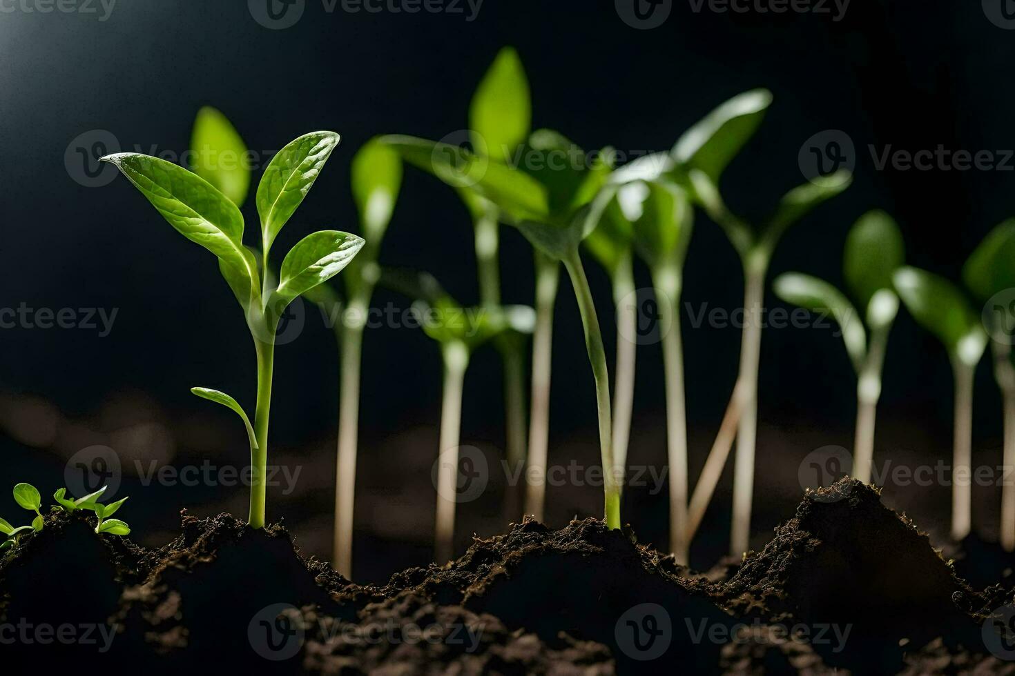 a group of young plants growing in the dirt. AI-Generated photo