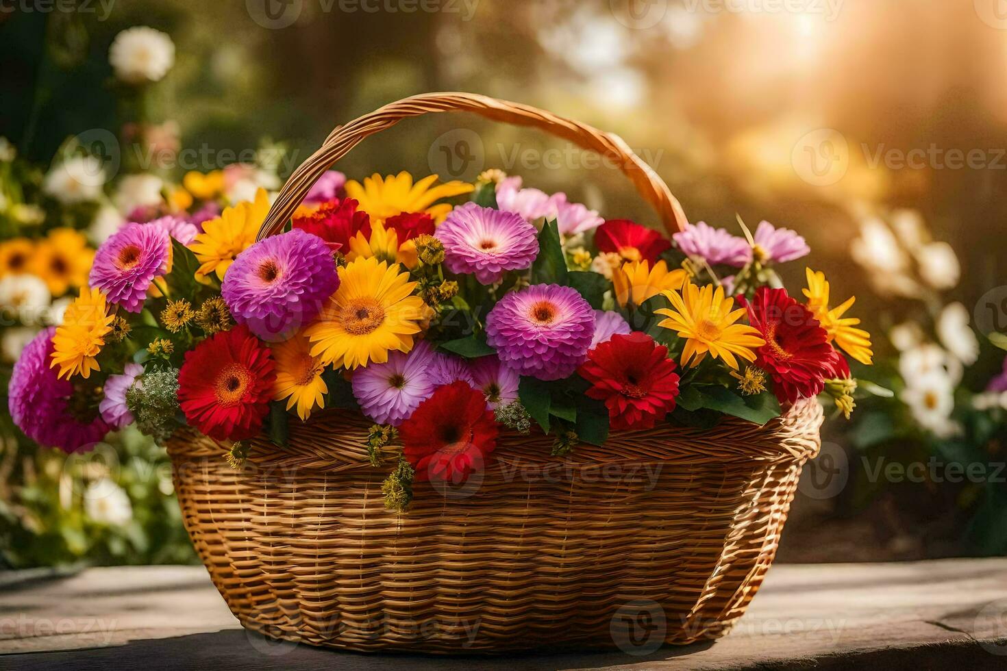 a basket full of colorful flowers on a wooden table. AI-Generated photo