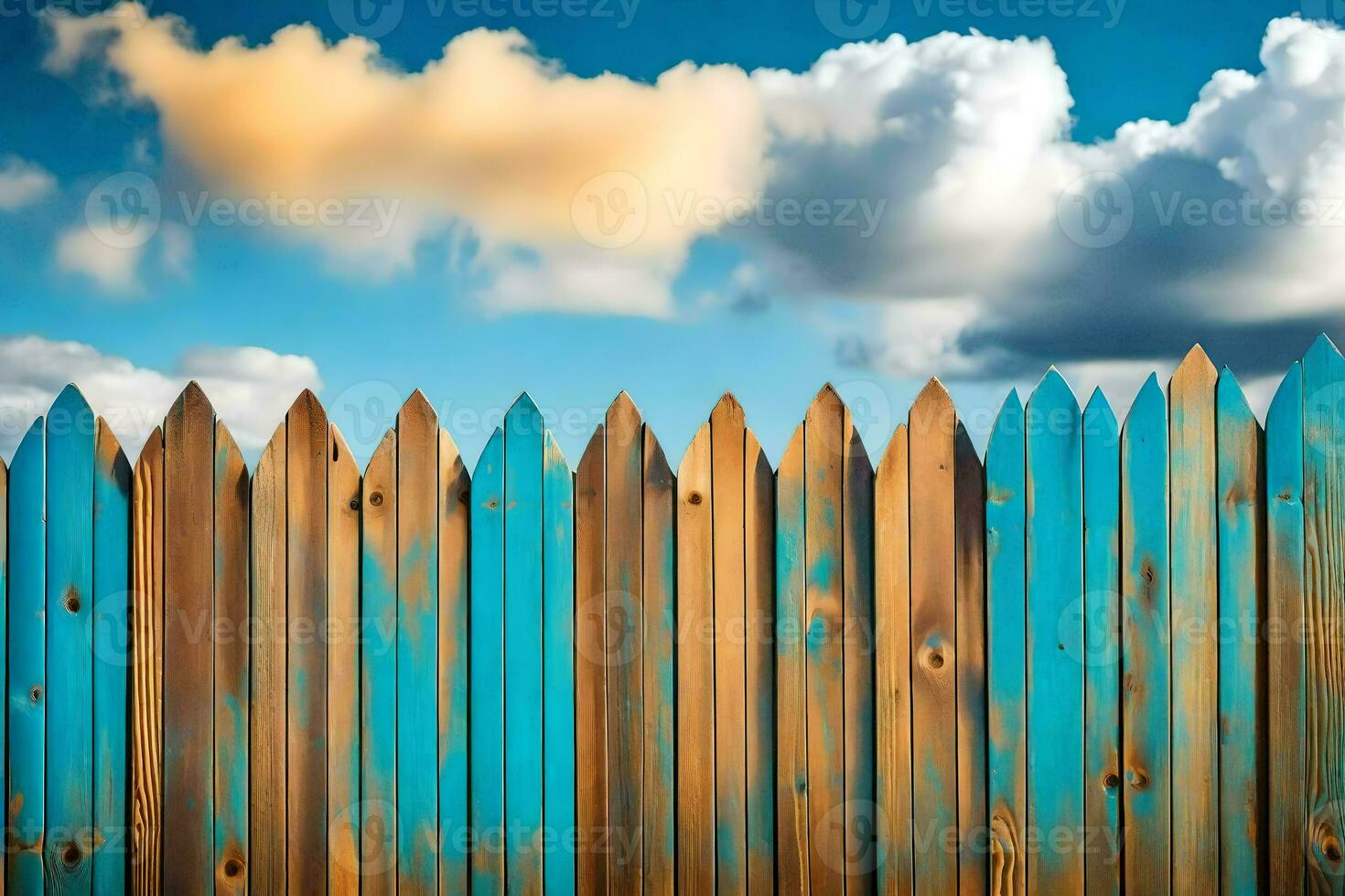 wooden fence with blue sky and clouds. AI-Generated photo
