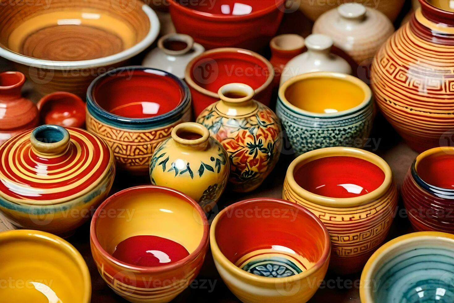 many different colored pottery vases are arranged together. AI-Generated photo