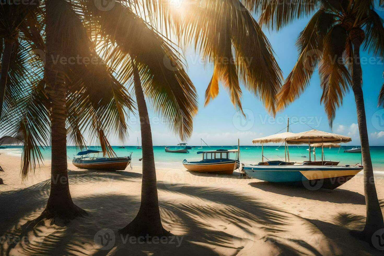 barcos en el playa en frente de palma arboles generado por ai foto