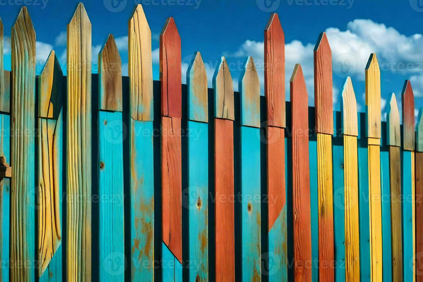 a colorful fence with wooden posts and sky in the background. AI-Generated photo