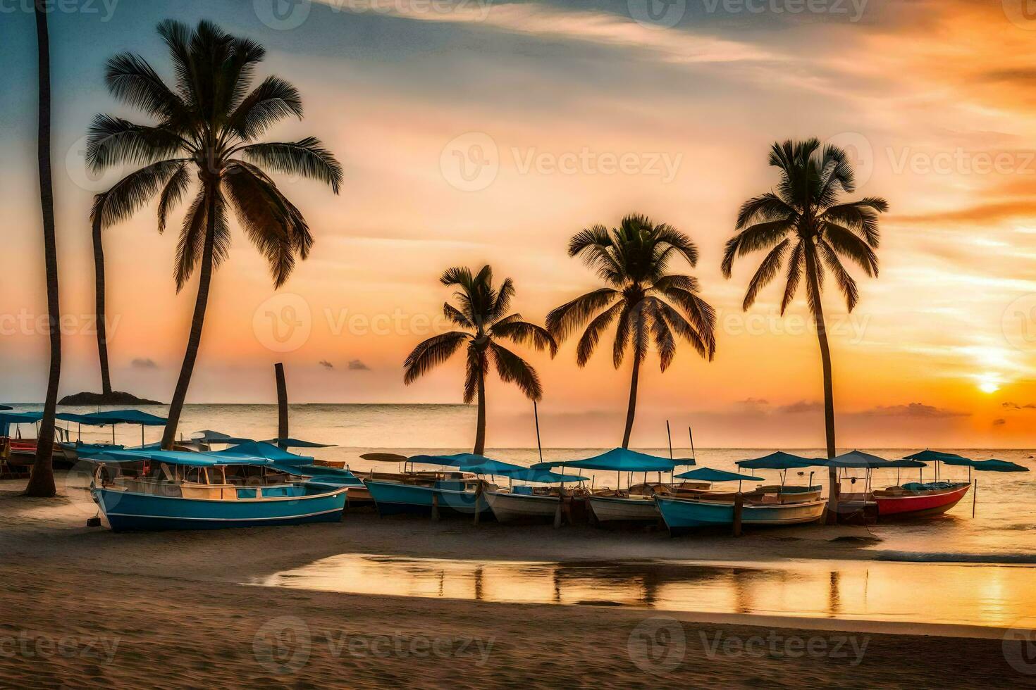 barcos en el playa a puesta de sol. generado por ai foto