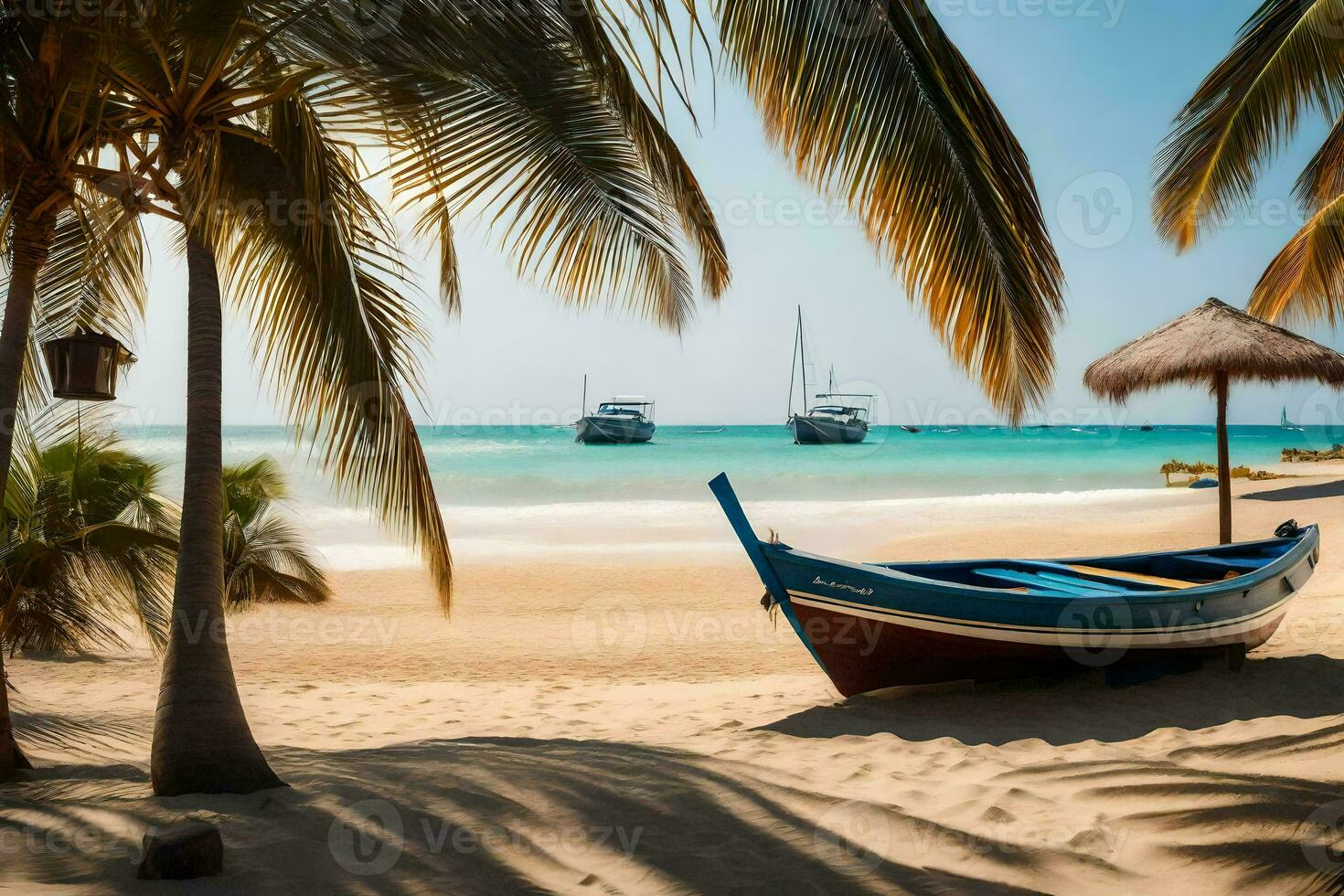 a boat sits on the beach near palm trees. AI-Generated photo