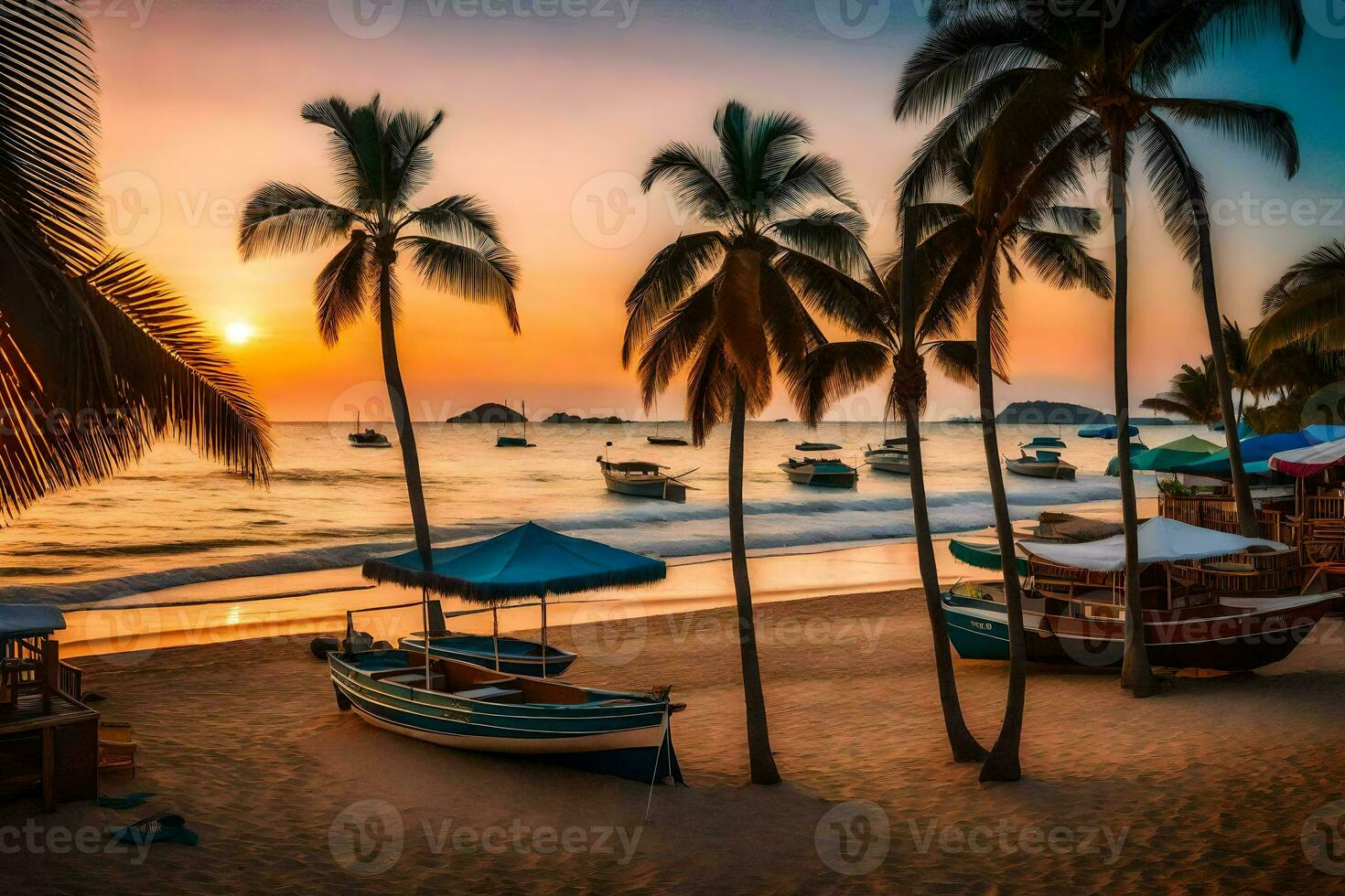 boats are docked on the beach at sunset. AI-Generated photo