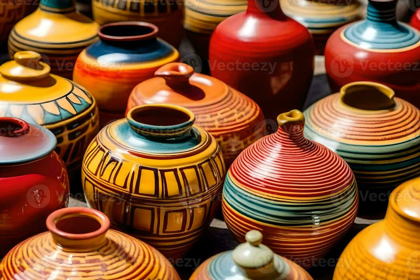 many colorful vases are displayed in a row. AI-Generated photo