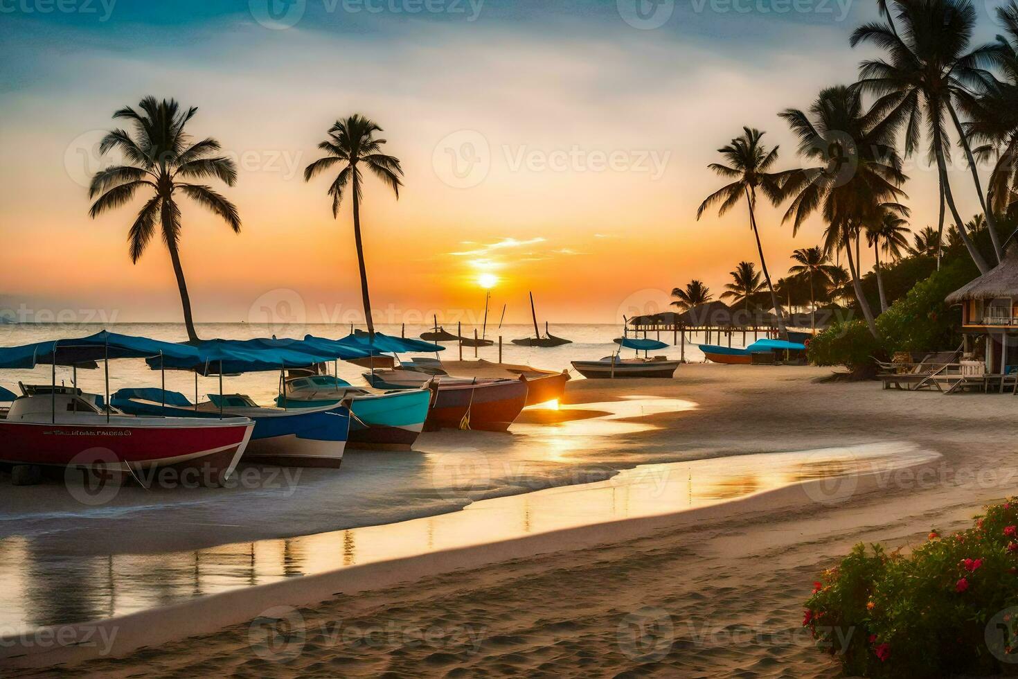 barcos son atracado en el playa a puesta de sol. generado por ai foto