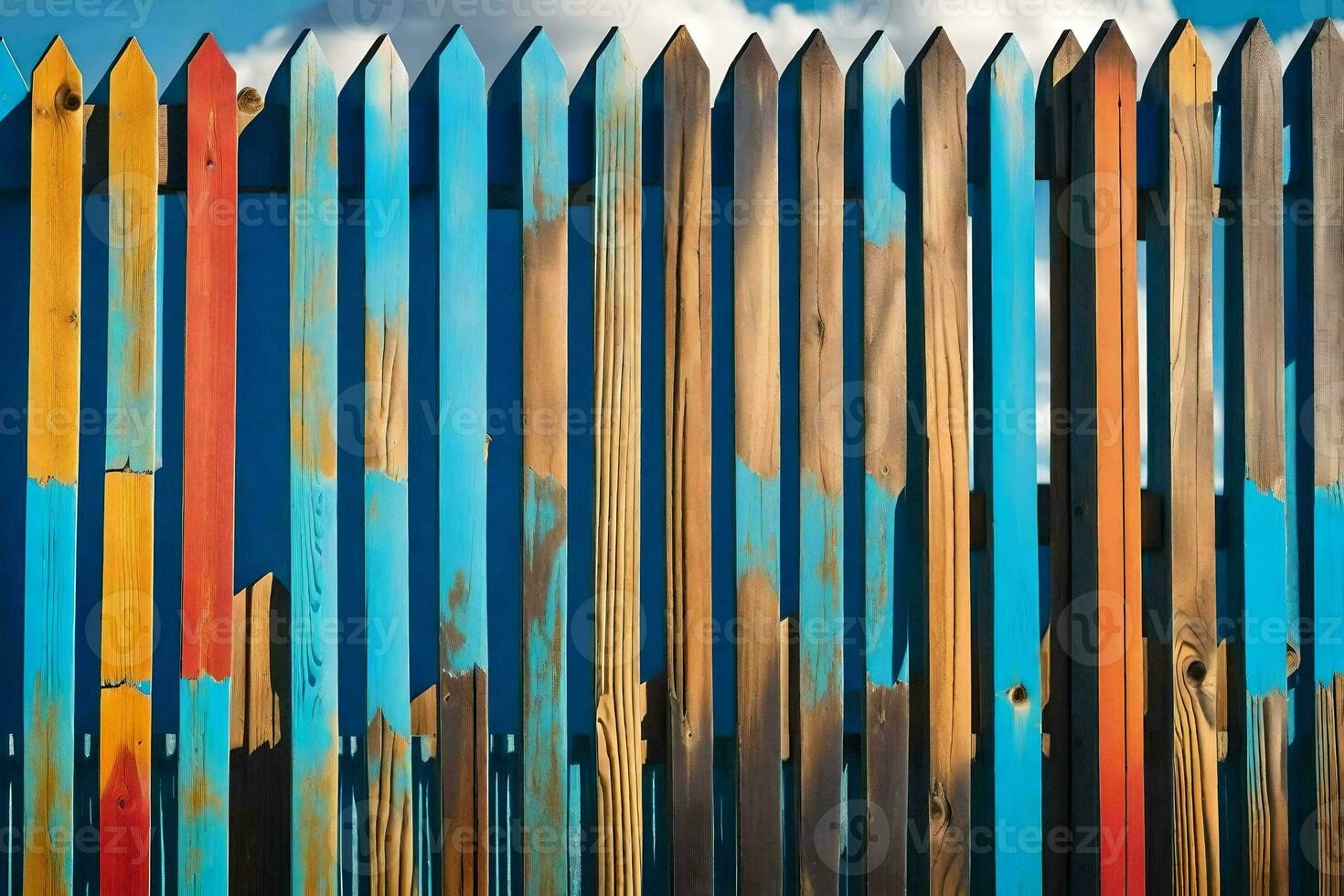a colorful fence with blue sky in the background. AI-Generated photo