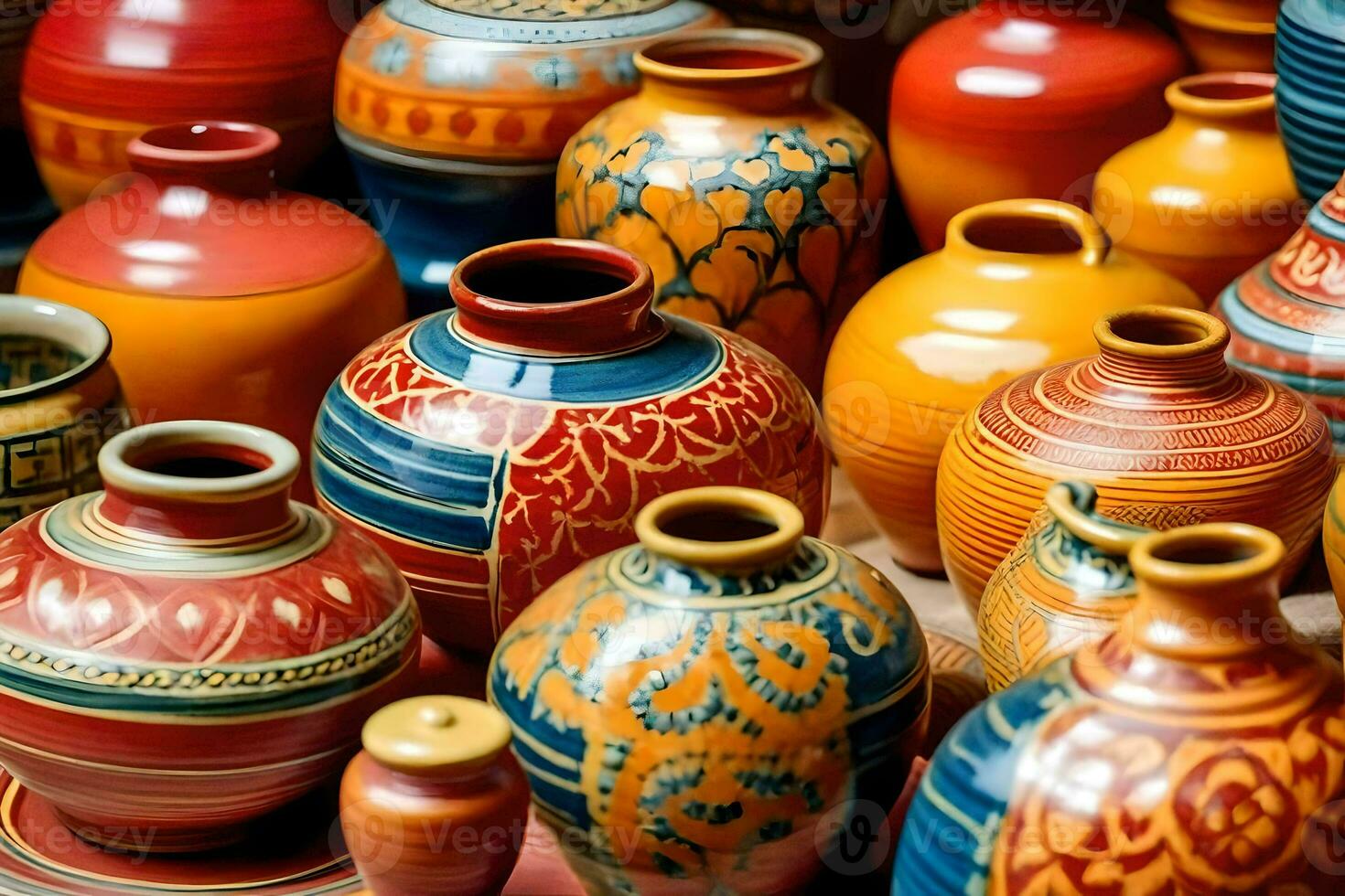 many colorful vases are displayed on a table. AI-Generated photo