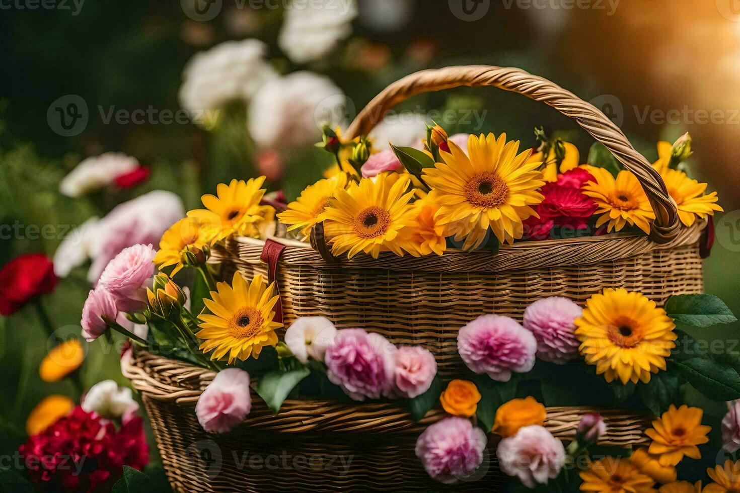 un cesta lleno de flores en un soleado día. generado por ai foto