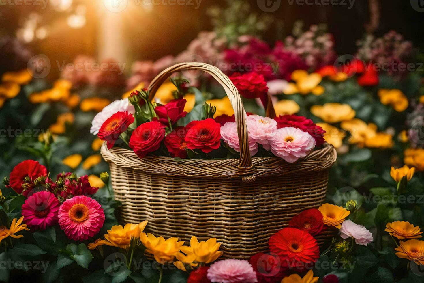 un cesta lleno de flores en un soleado día. generado por ai foto