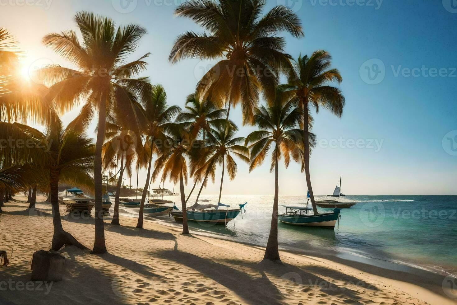 a beach with palm trees and boats on the water. AI-Generated photo