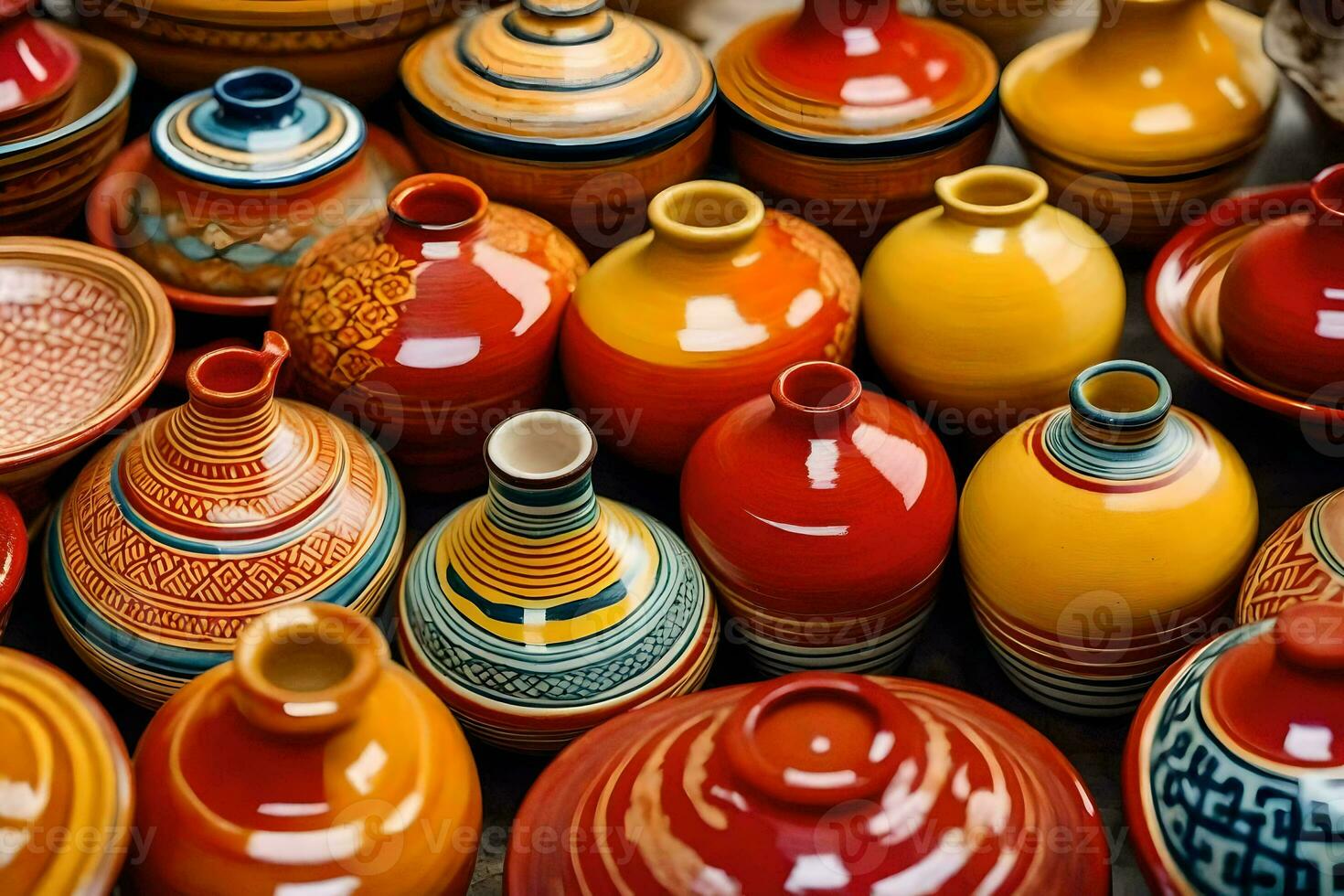 many colorful pottery vases are displayed in a display. AI-Generated photo