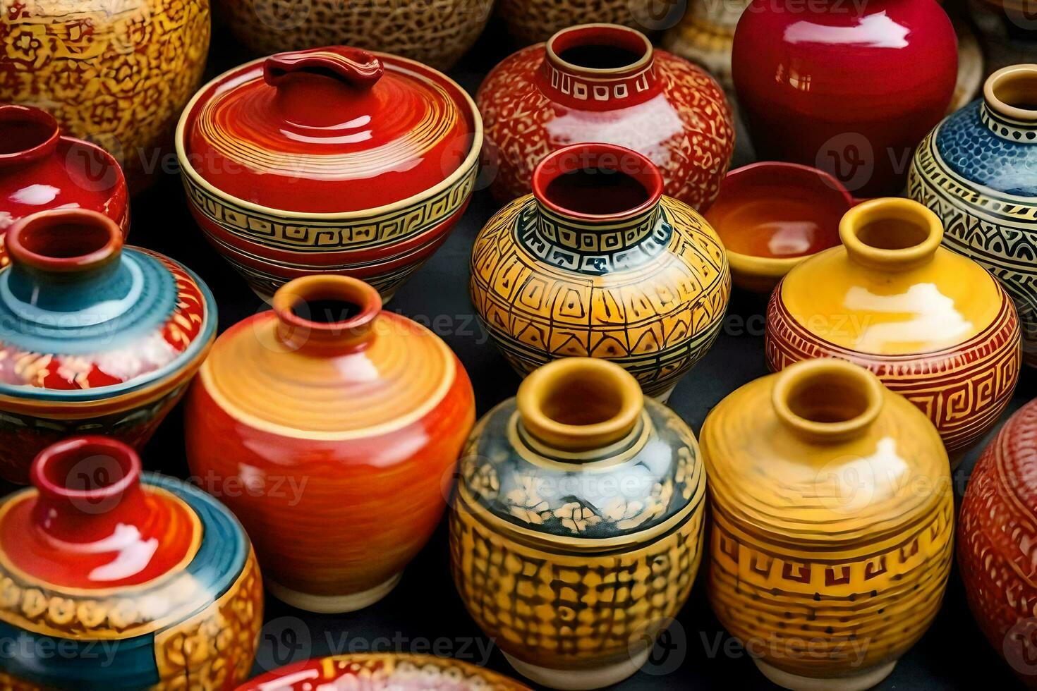 many colorful vases are displayed in a row. AI-Generated photo