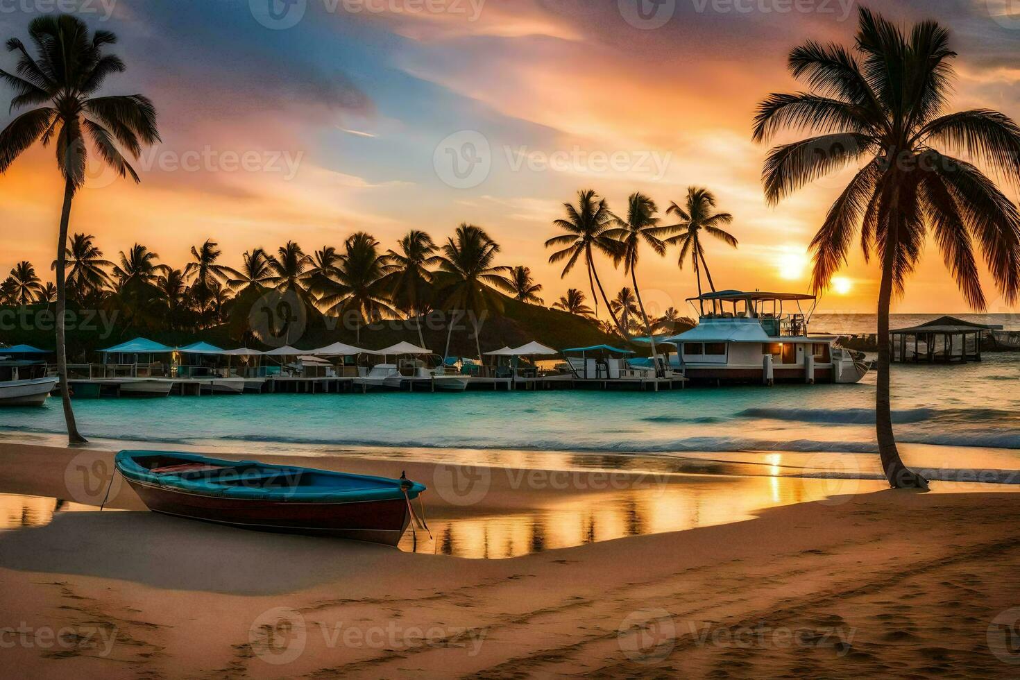 un barco se sienta en el playa a puesta de sol. generado por ai foto