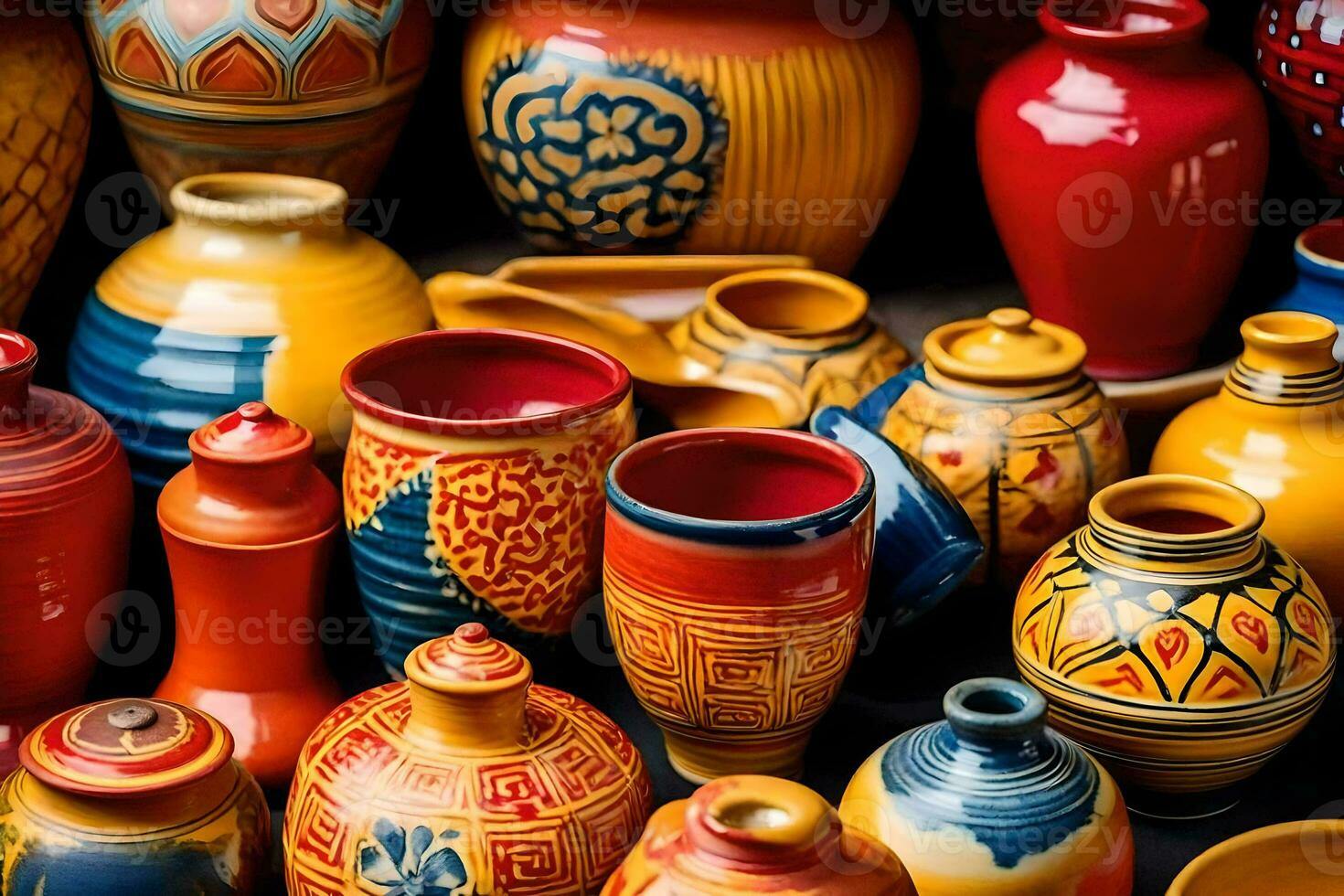 many colorful vases are displayed in a display. AI-Generated photo