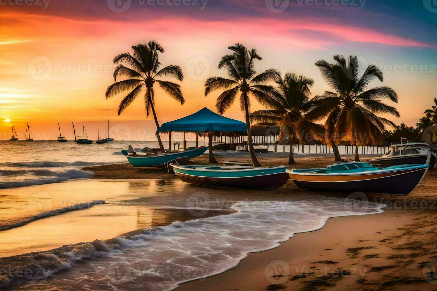 two boats on the beach at sunset with palm trees. AI-Generated photo