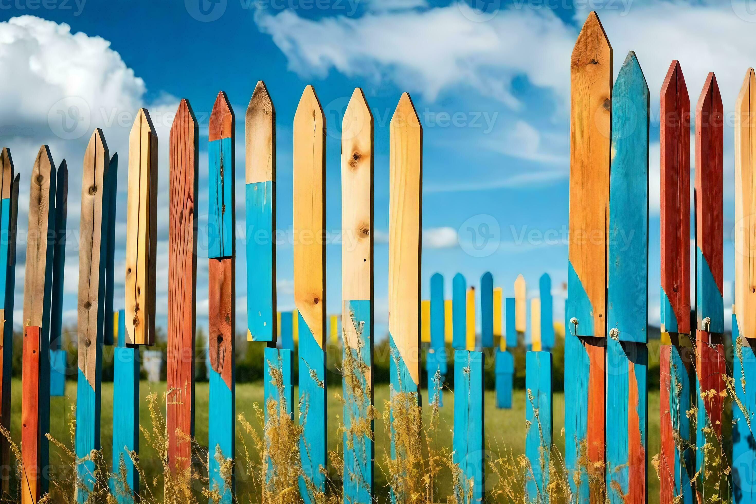 A Colorful Fence With Wooden Poles AI Generated 30890460 Stock Photo a-colorful-fence-with-wooden-poles-ai-generated-30890460-stock-photo
