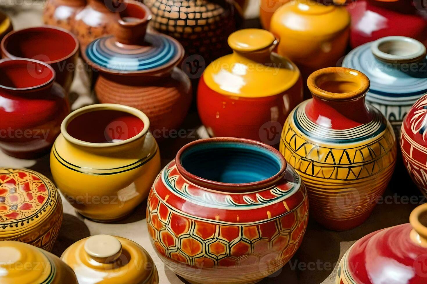 many colorful vases are displayed on a table. AI-Generated photo