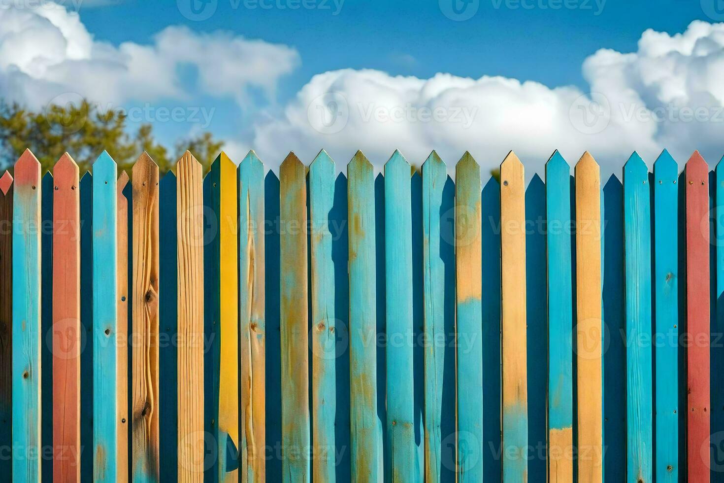 a colorful wooden fence with blue sky and clouds. AI-Generated photo
