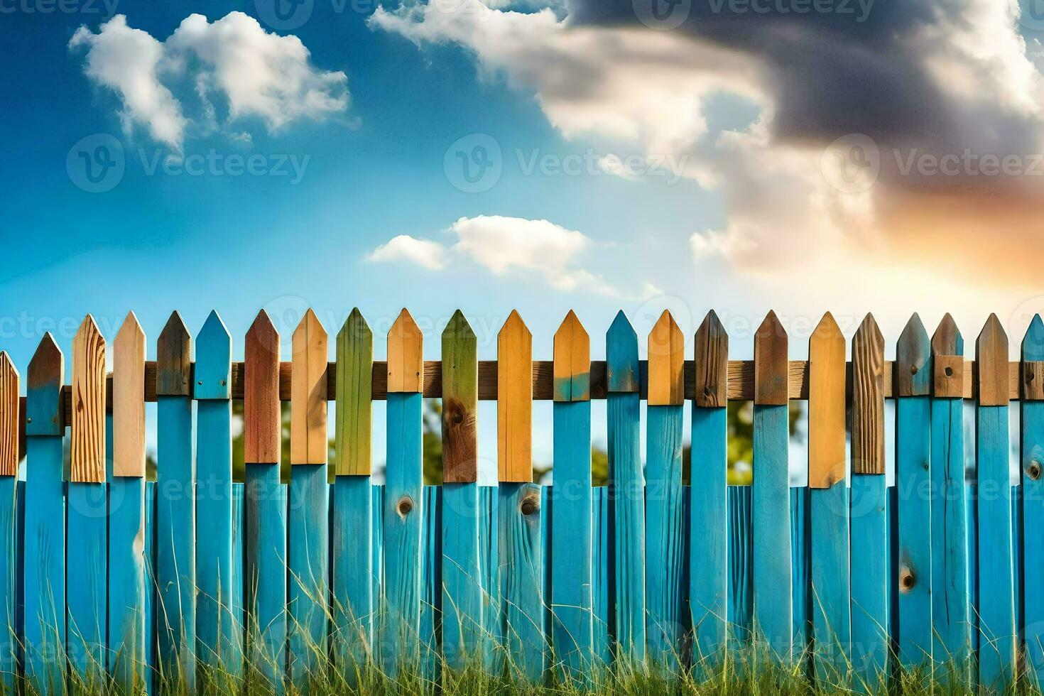 a wooden fence with blue and green paint. AI-Generated photo
