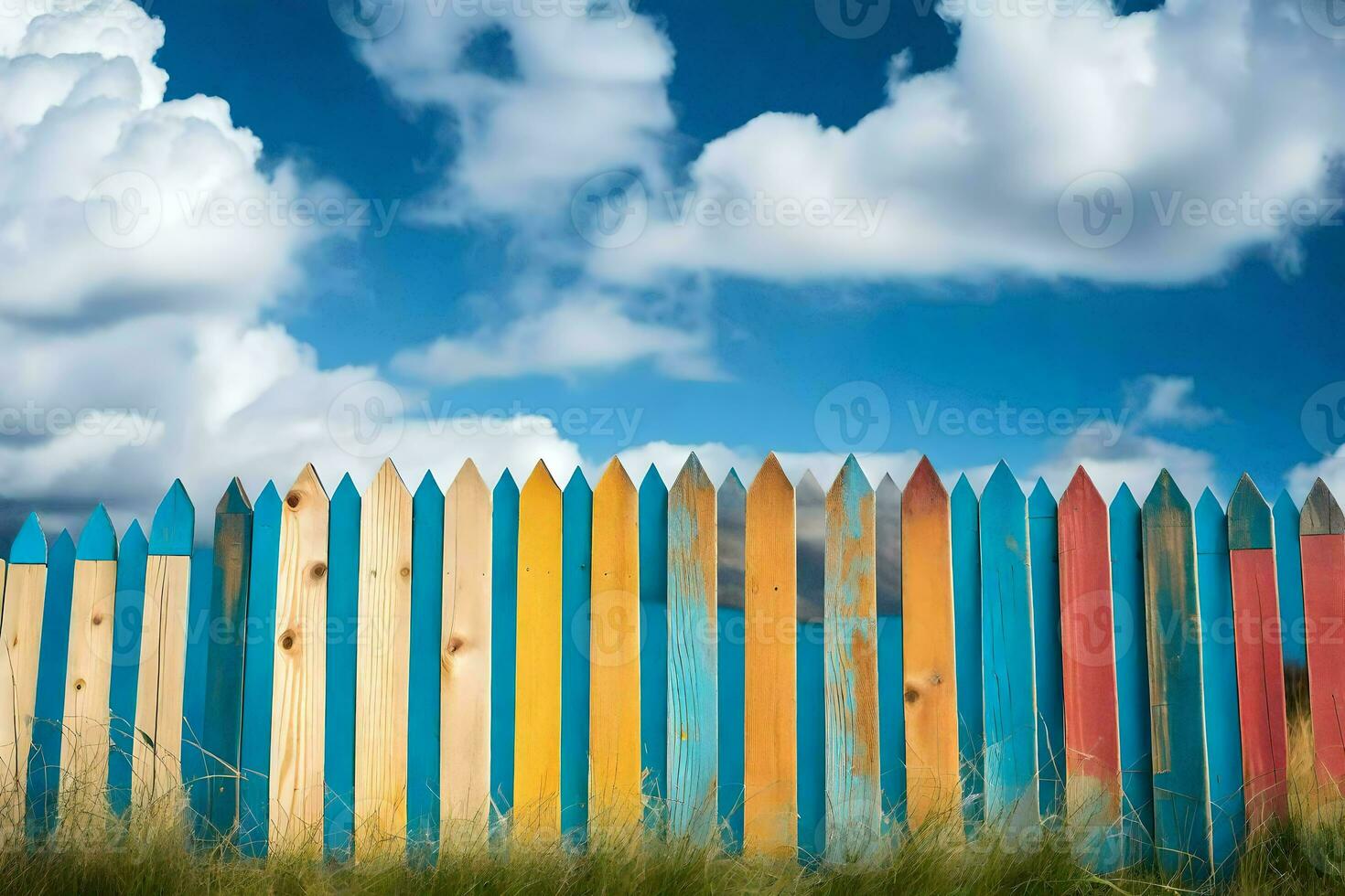 colorful wooden fence against a blue sky. AI-Generated photo