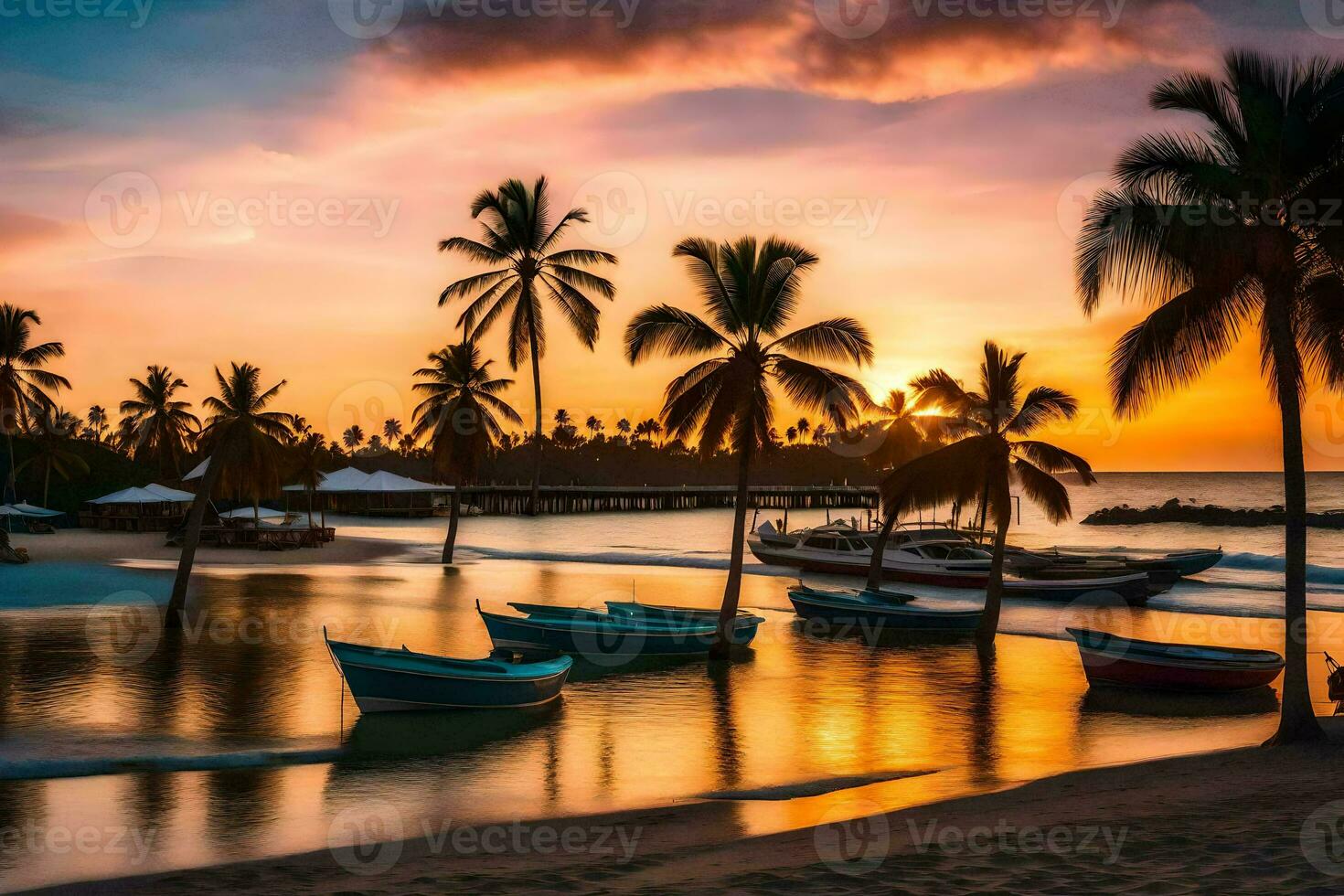 boats on the beach at sunset with palm trees. AI-Generated photo