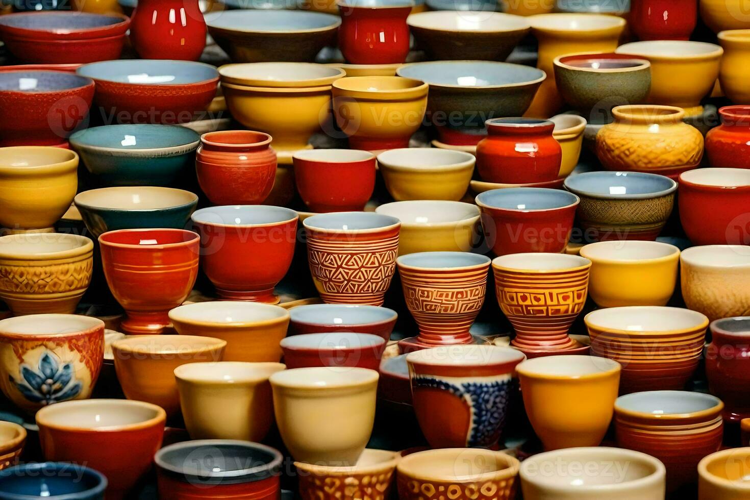 many different colored cups and bowls are arranged together. AI