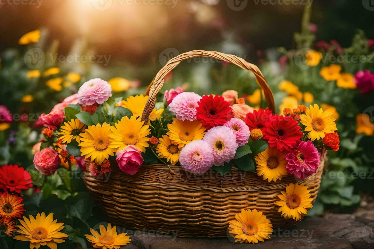 un cesta lleno de vistoso flores en un roca. generado por ai foto