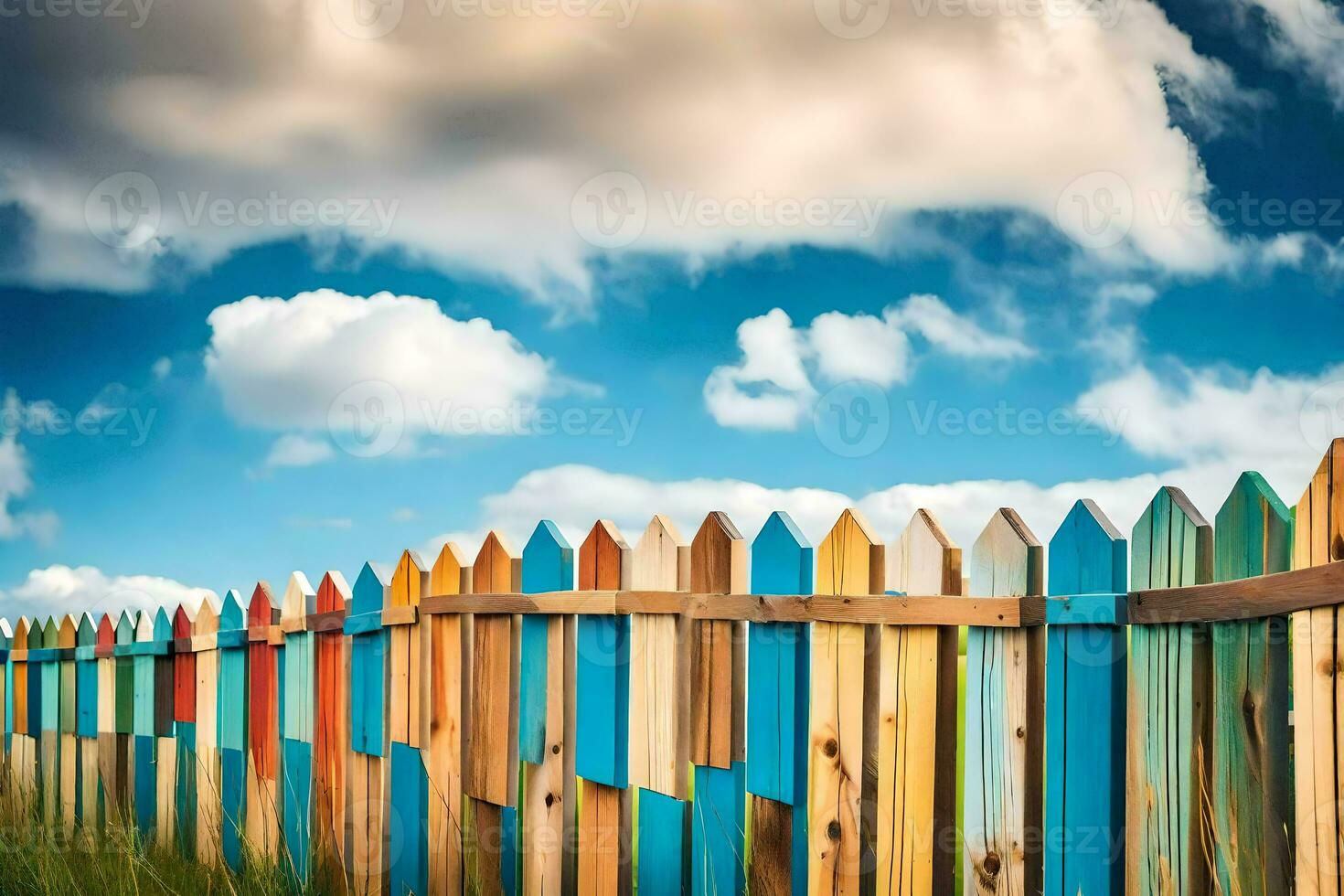 a colorful wooden fence with blue sky and clouds. AI-Generated photo