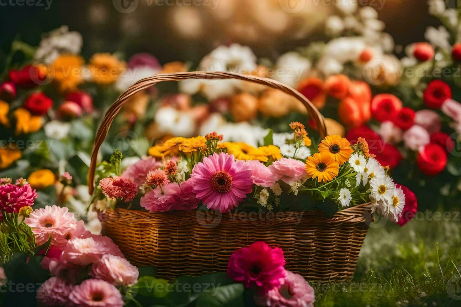 un cesta lleno de flores en el césped. generado por ai foto