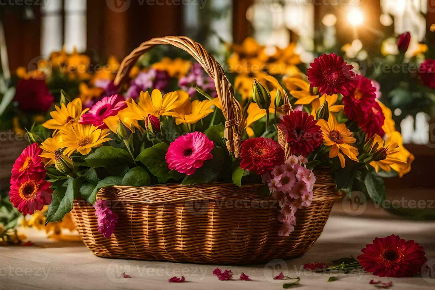 a basket filled with colorful flowers on a table. AI-Generated photo